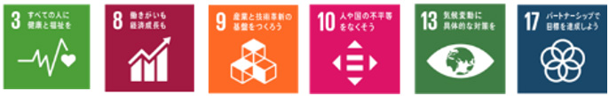 SDGsの指標アイコン 目標3:すべての人に健康と福祉を 目標8:働きがいも 経済成長も 目標9:産業と技術革新の基盤をつくろう 目標10:人や国の不平等をなくそう 目標13:気候変動に具体的な対策を 目標17:パートナーシップで目標を達成しよう